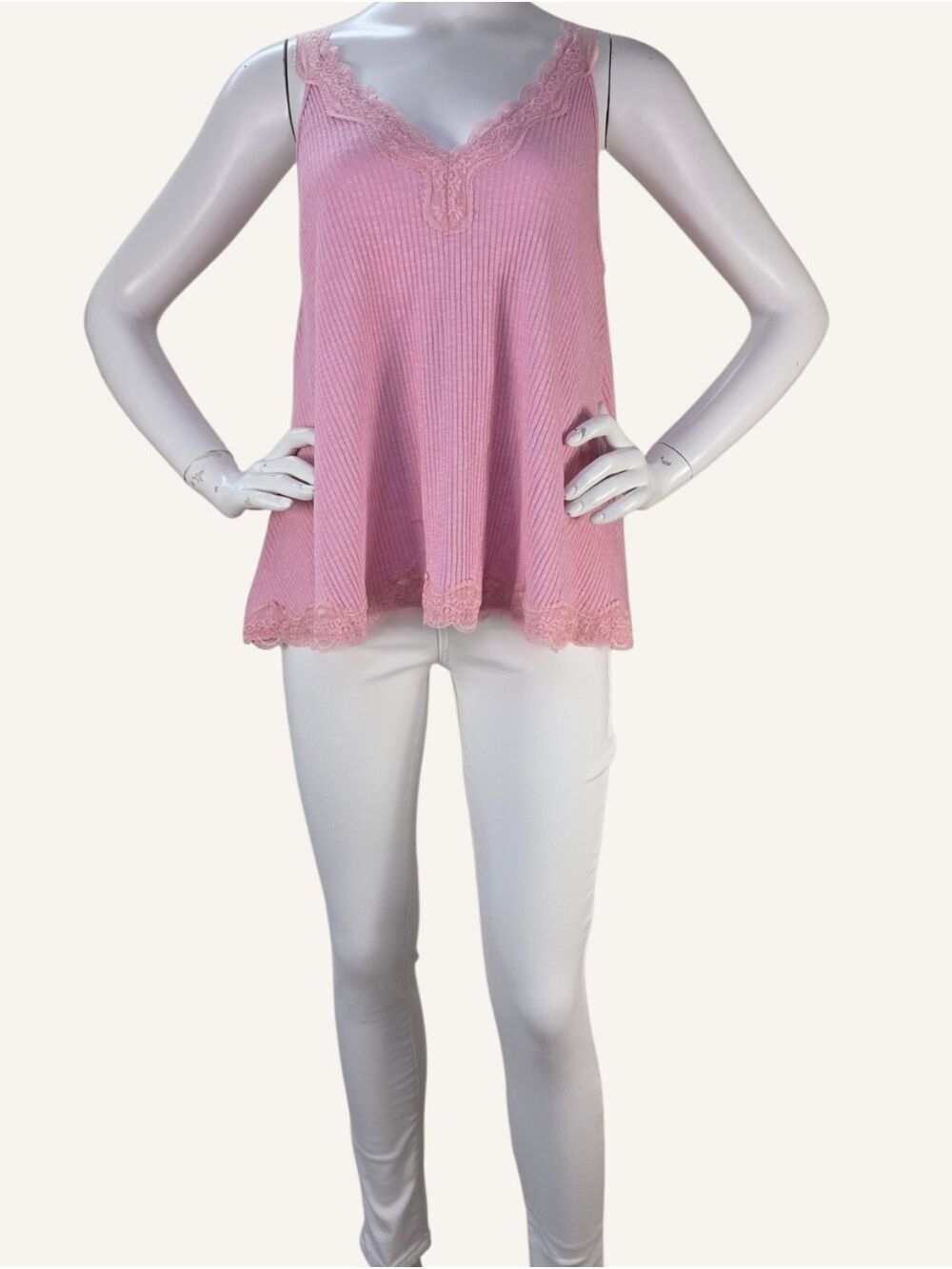 POL Pink Ribbed Lace Trim Swing Tank Top NWT Small Boho Romance Summer Cottage